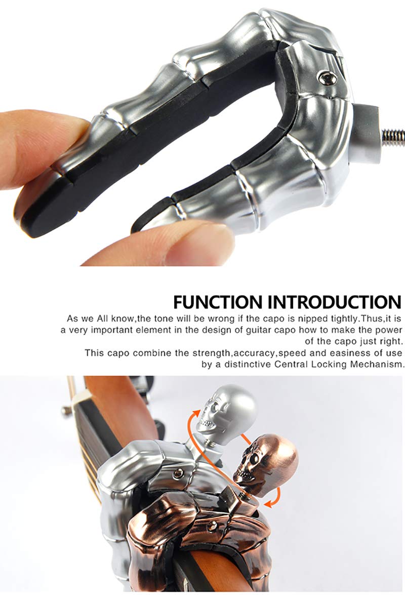 YUEKO Guitar Capo Skull Knob Design Universal 4 5 6 12 Strings Instrument Capos for Electric Classical Acoustic Guitar Bass Ukulele Mandolin Banjo and More(Silver) - Image 3